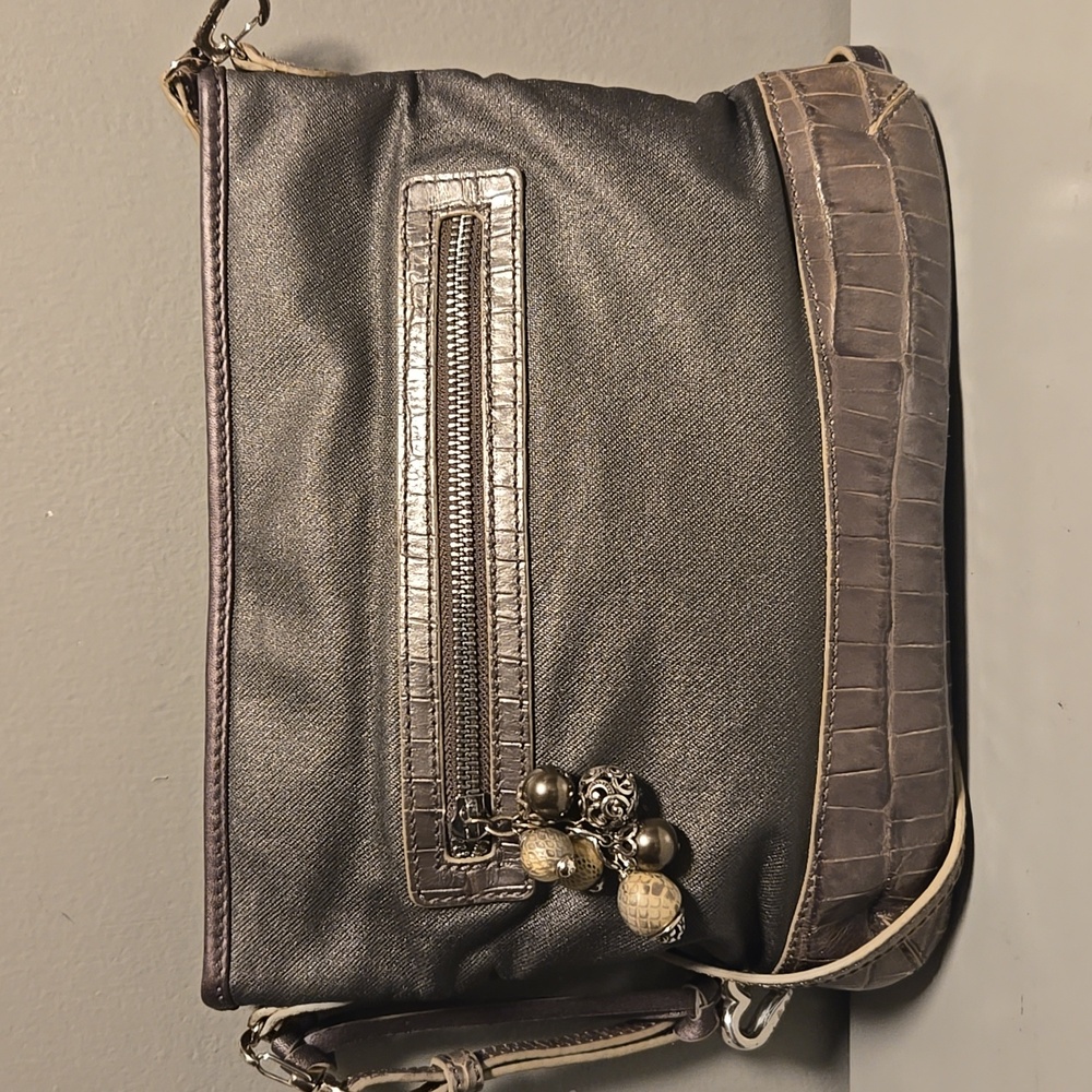 Brighton Gray & Brown Crossbody Bag – Faux Snakeskin Trim – Charm Detail – EUC